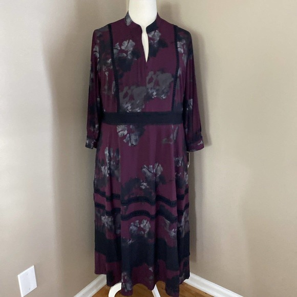 Taylor Burgundy Black Multi Floral A Line 3/4 Sleeve Midi Lined Dress Size 20W - Picture 1 of 14
